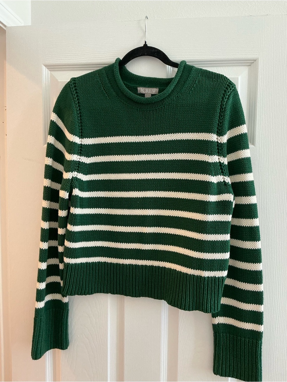 J. Crew Forest Green and White Striped Crewneck Sweater